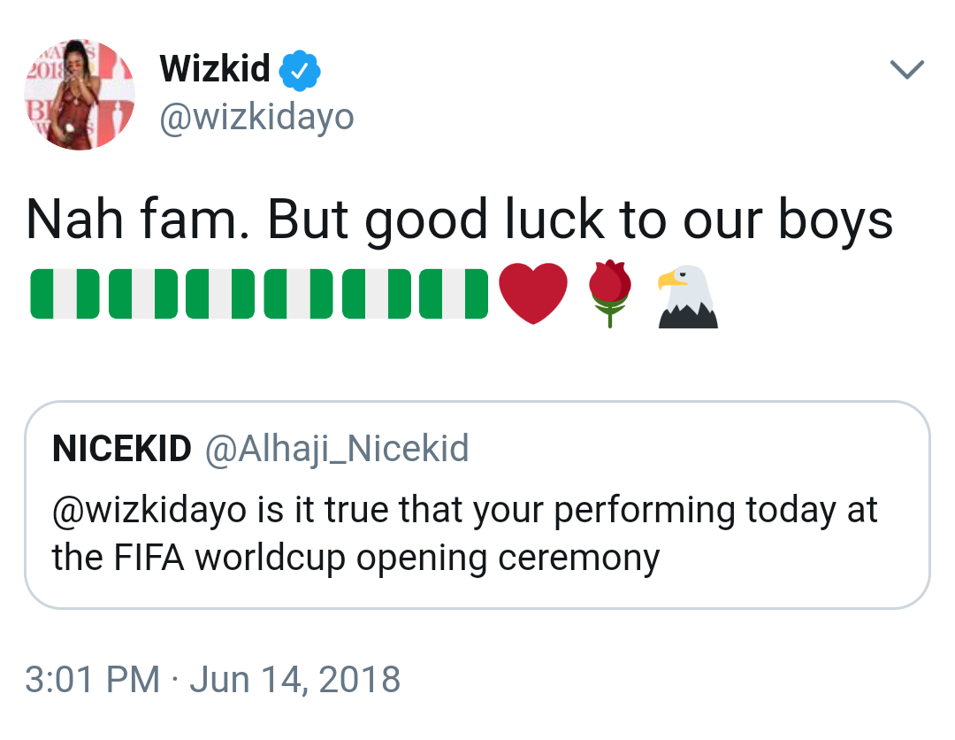 Wizkid Debunks Rumours He Will Perform At World Cup Opening Ceremony