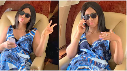 Regina Daniels flaunts ring on her engagement finger while in a private jet (photos)