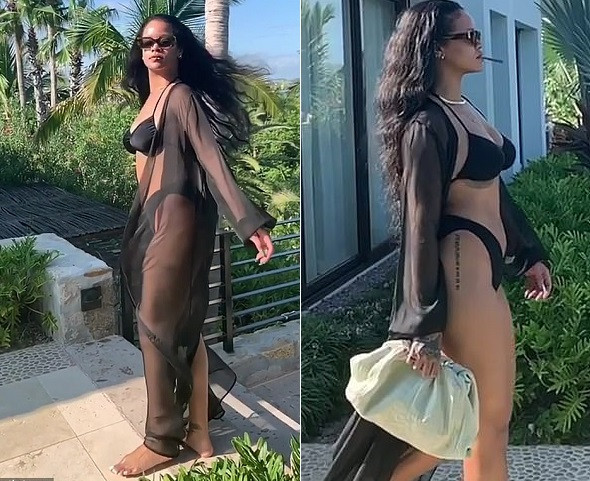 Rihanna showcases her bikini body in sexy black bathing suit with sheer cover-up (Photos/Video)