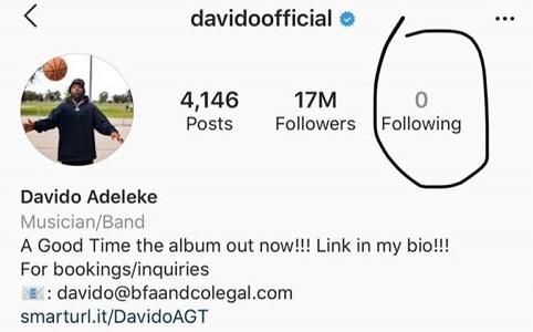 Davido unfollows everyone on instagram including Chioma