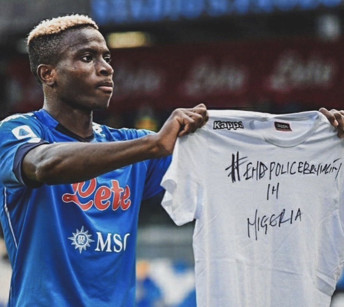 Nigerian footballer Victor Osimhen dedicates his goal for Napoli to lend his voice to the #endsars #endpolicebrutalityinnigeria protest .