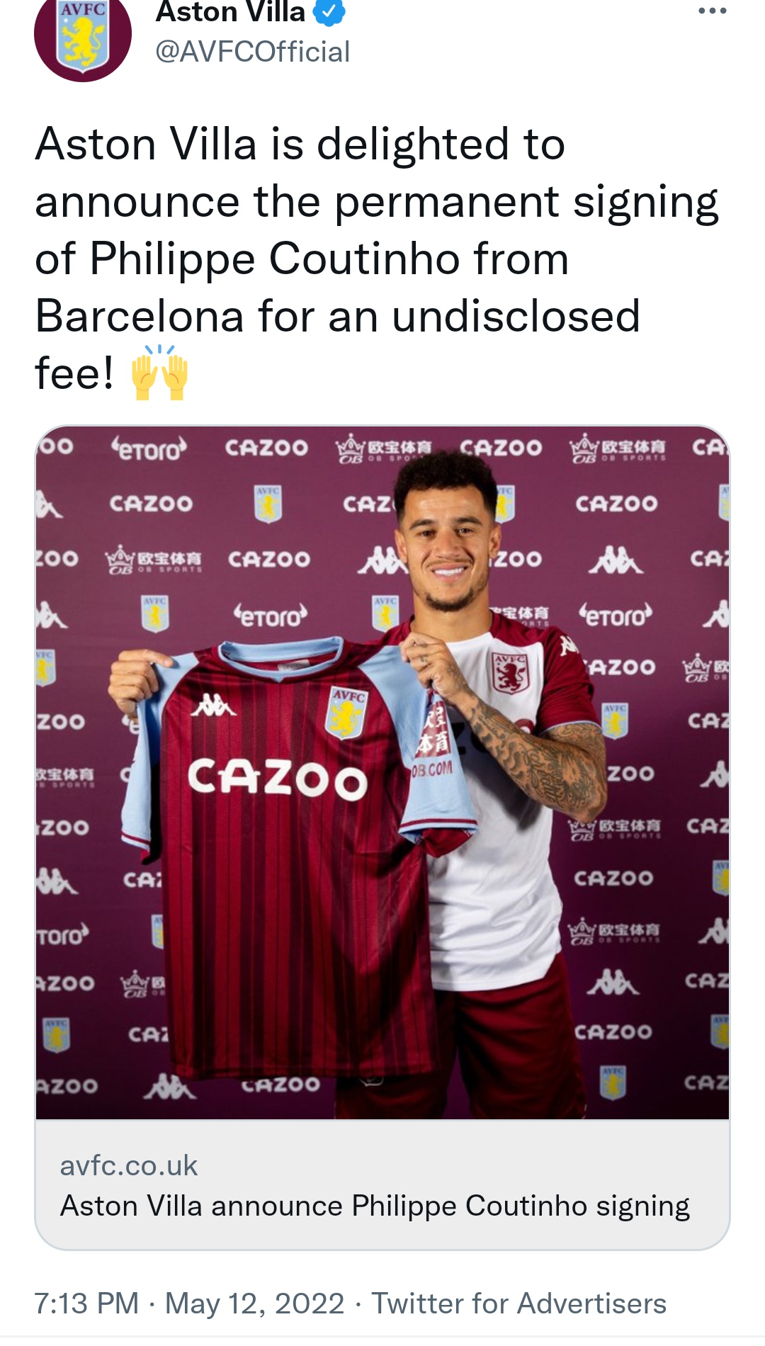 Philippe Coutinho permanently signs for Aston Villa from Barcelona