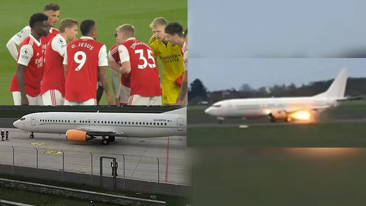 Arsenal FC team plane bursts into flames on runway