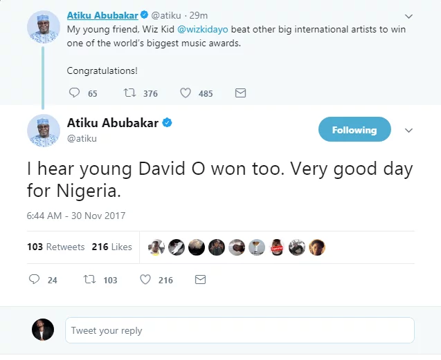 Former vice president Atiku congratulates Wizkid and Davido on their Mobo Award wins
