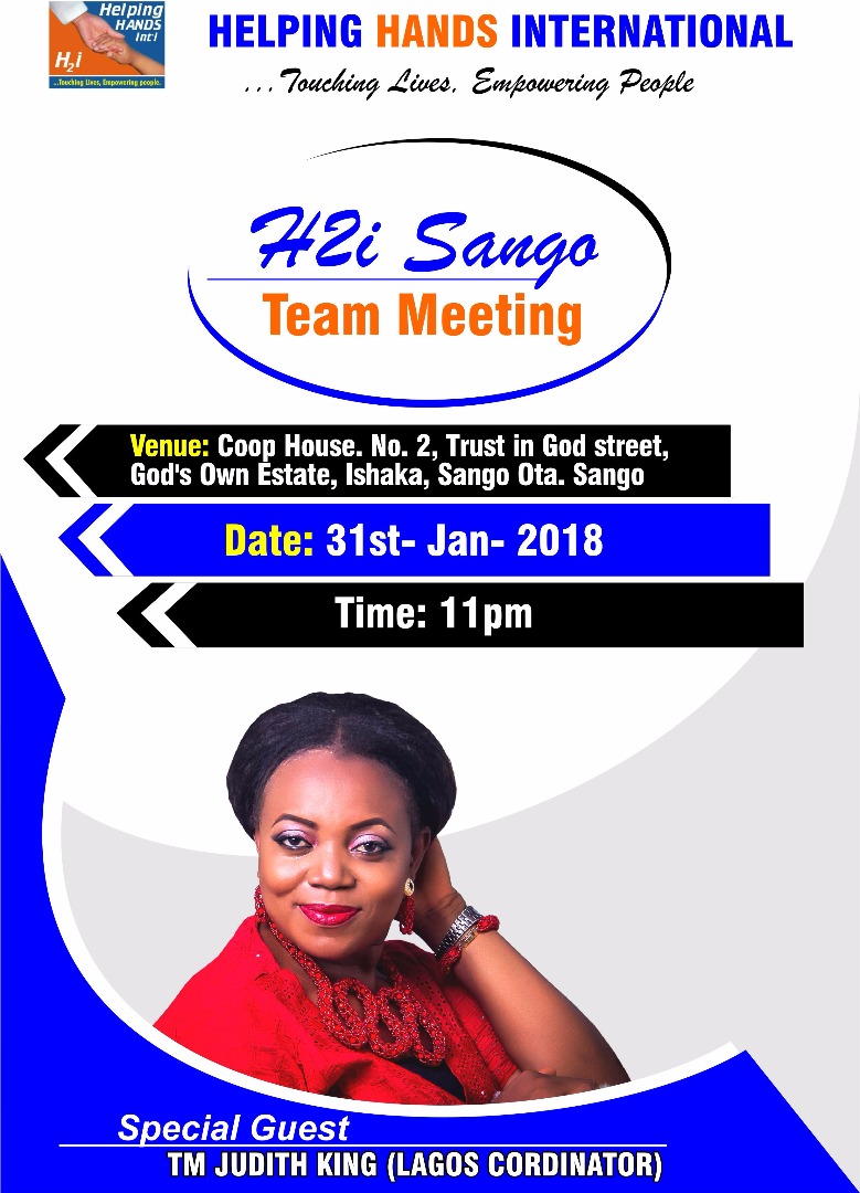 Announcement: Helping Hands Internationals hold H2i Sango Team meeting.