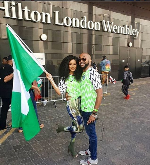 Banky W And Adesua Etomi Step Out In Style To Support Nigeria’s Friendly Match Against England