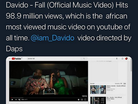 Davido Breaks ALL TIME Youtube Record as fall Video hits 989Million Views