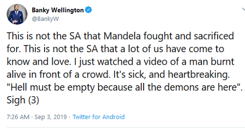 #Xenophobia attacks: Banky w says this is not the SA Mandela fought for