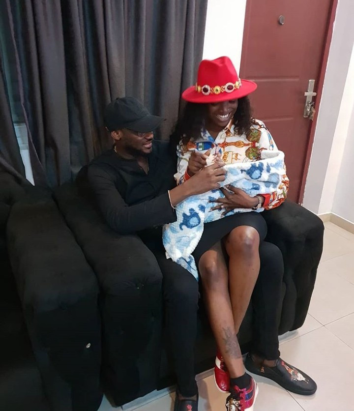 Photo of Annie Idibia sitting on Tuface’s lap as they visit Toyin Abraham’s child