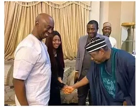 Ex- Governor, George Akume bows to greet Regina Daniels