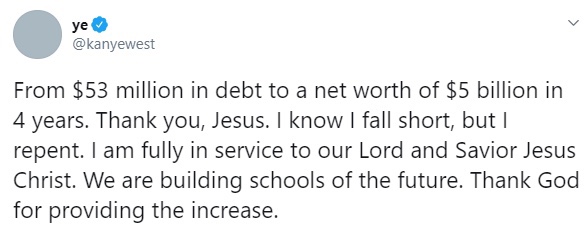 Kanye West thanks JESUS for making him RICH
