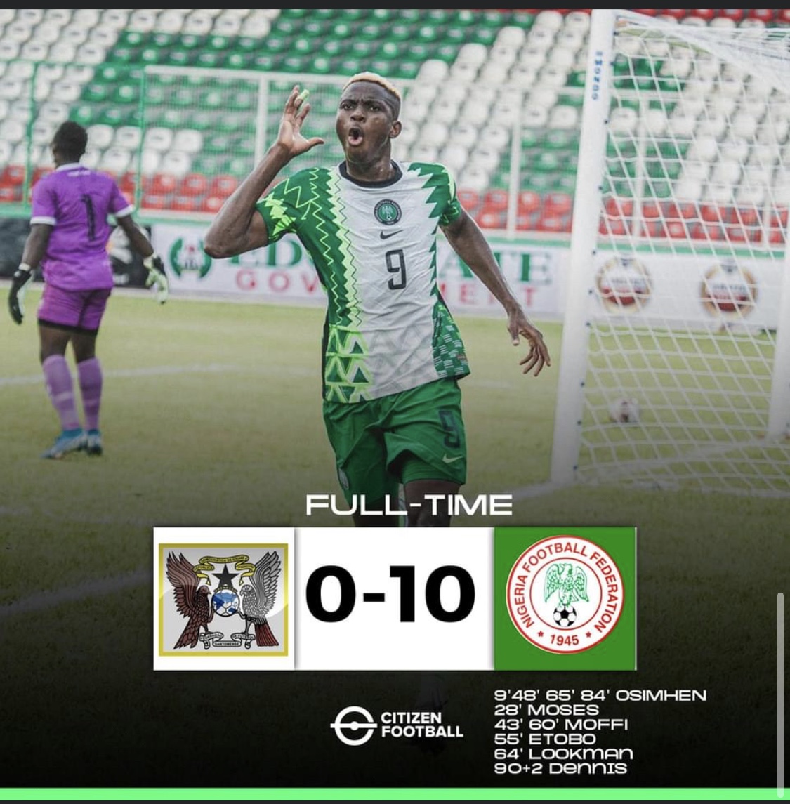 AFCON 2023 Qualifiers: Merciless Super Eagles beat Sao Tome 10 – 0 as Nigeria record biggest win ever