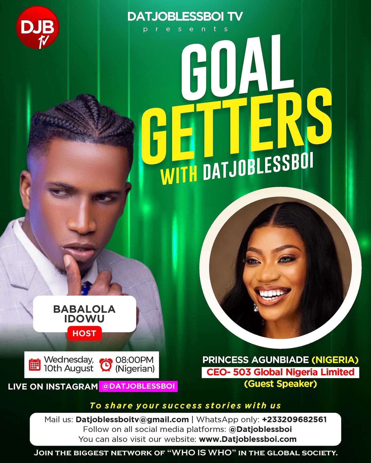 Babalola Idowu to host Princess Agunbiade on Goal Getters With Datjoblessboi on DJBTV