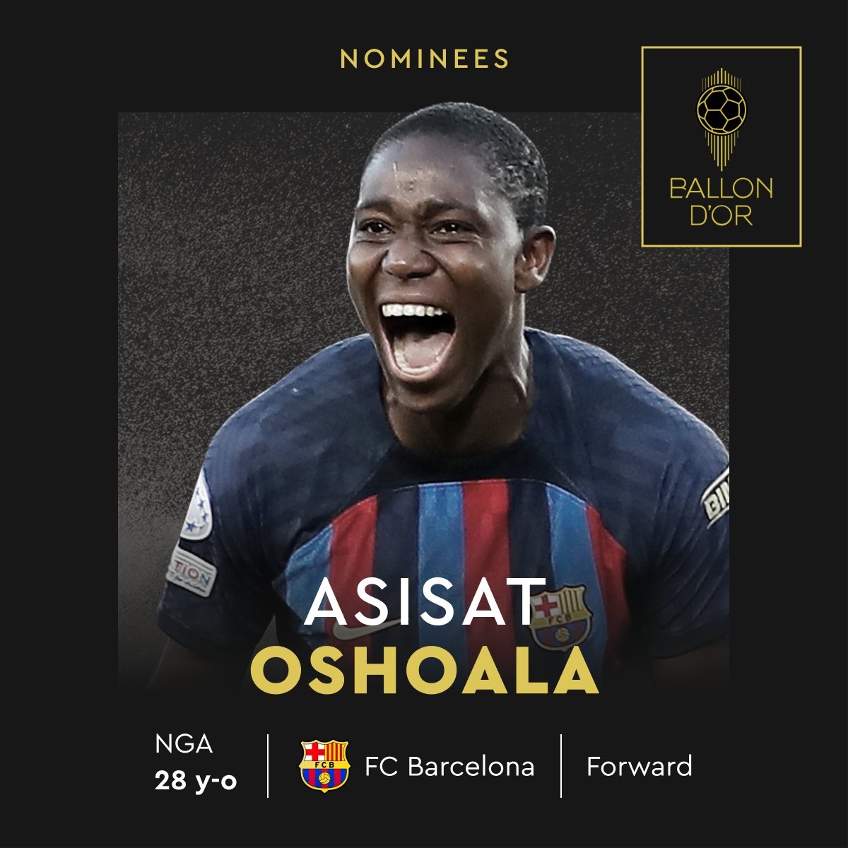 Super Falcons striker, Asisat Oshoala nominated for 2023 Ballon d’Or award