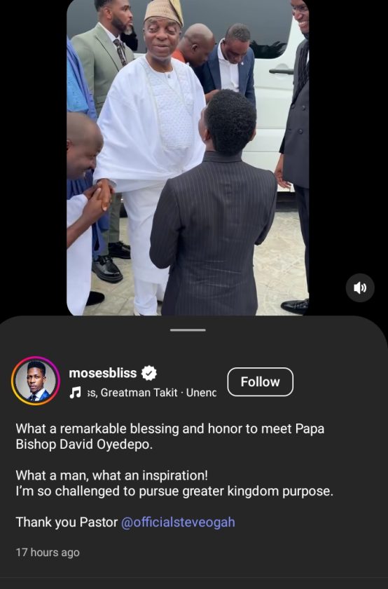 Moses Bliss reacts after meeting Oyedepo